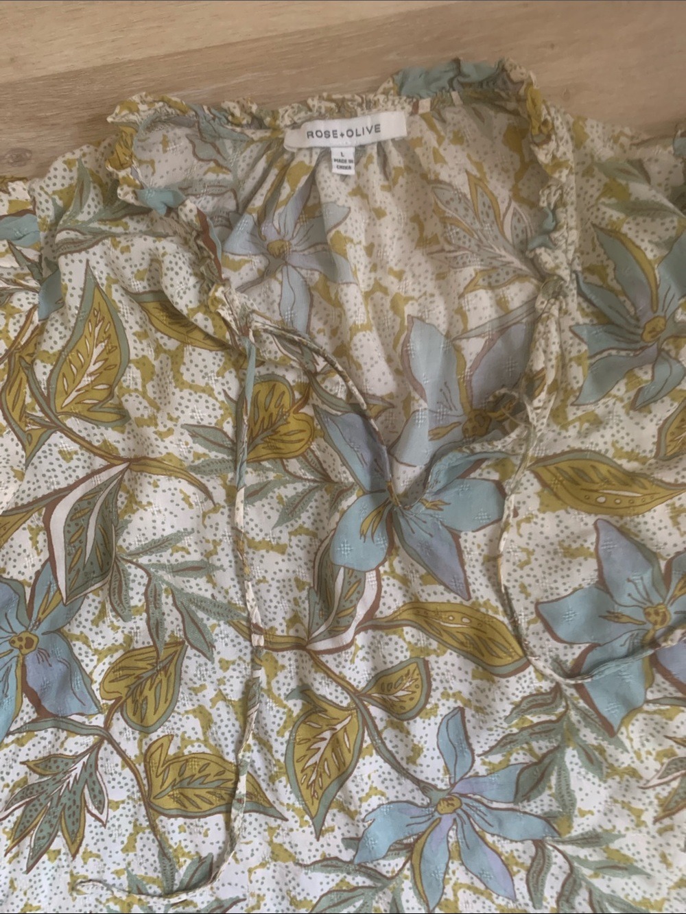 Rose & Olive Cream Floral Tie-Neck Blouse with Blue and Olive Accents